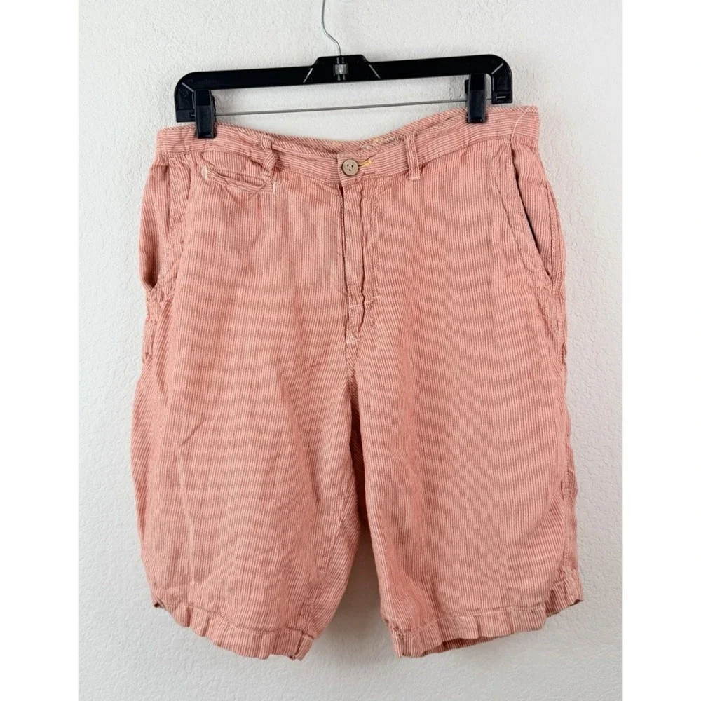 Tommy Bahama Relax 100% Linen Shorts Coral Pink Striped Men's 33 Coastal Preppy